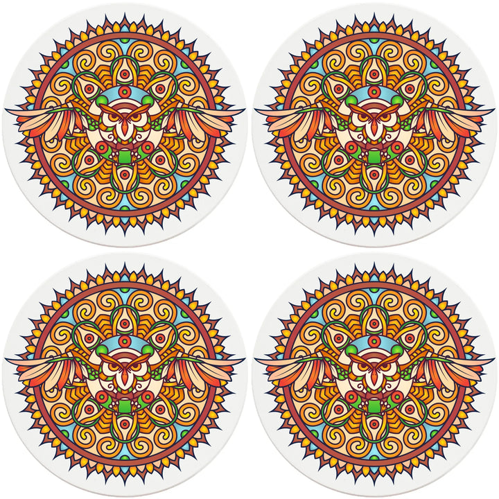 4" Round Ceramic Coasters - Mandala Owl, 4/Box, 2/Case, 8 Pieces - Christmas by Krebs Wholesale