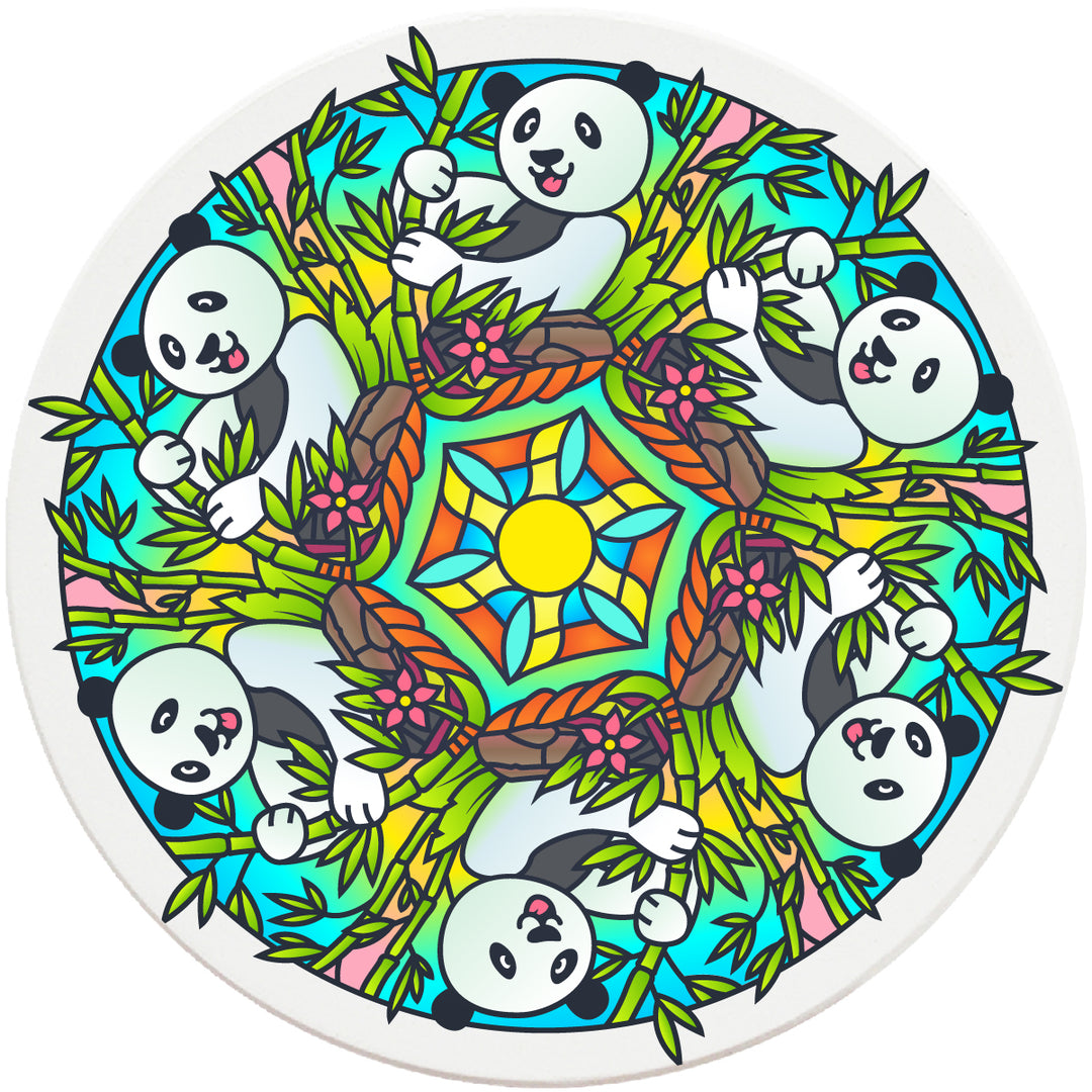4" Round Absorbent Ceramic Designer Coasters - Mandala Panda, Set of 4