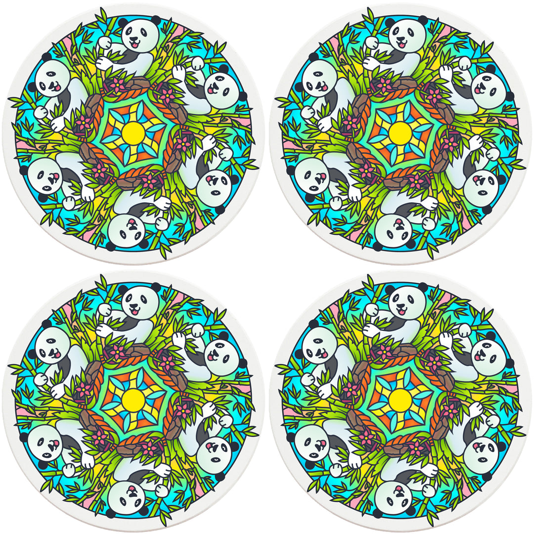 4" Round Absorbent Ceramic Designer Coasters - Mandala Panda, Set of 4