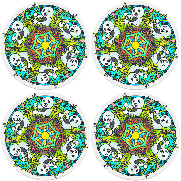 4" Round Absorbent Ceramic Designer Coasters - Mandala Panda, Set of 4