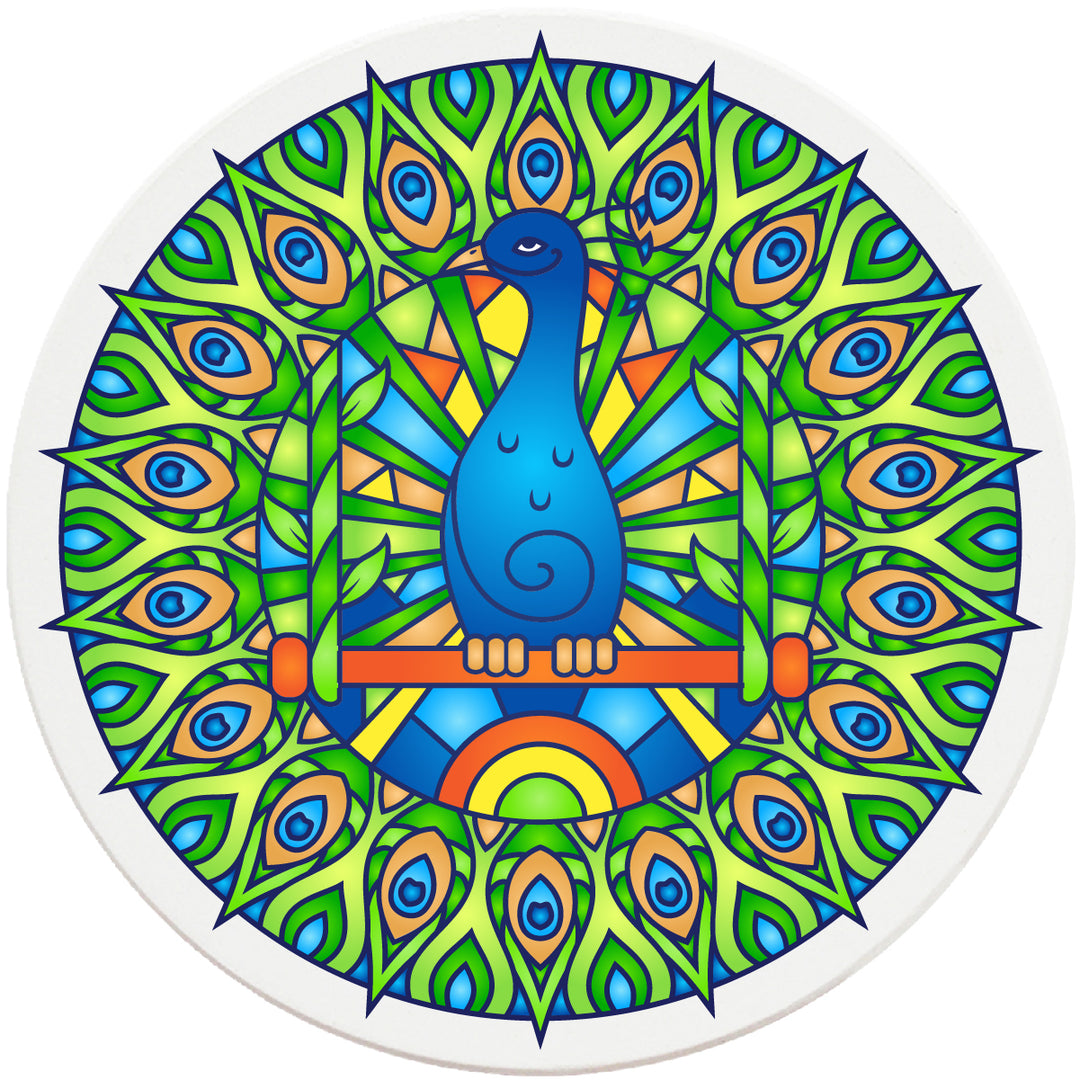 4" Round Absorbent Ceramic Designer Coasters - Mandala Peacock, Set of 4