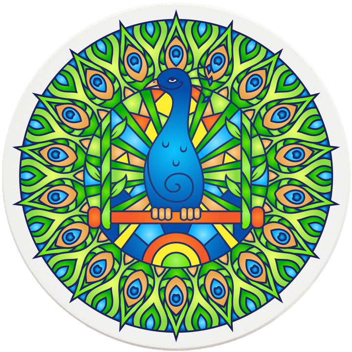 4" Round Absorbent Ceramic Designer Coasters - Mandala Peacock, Set of 4