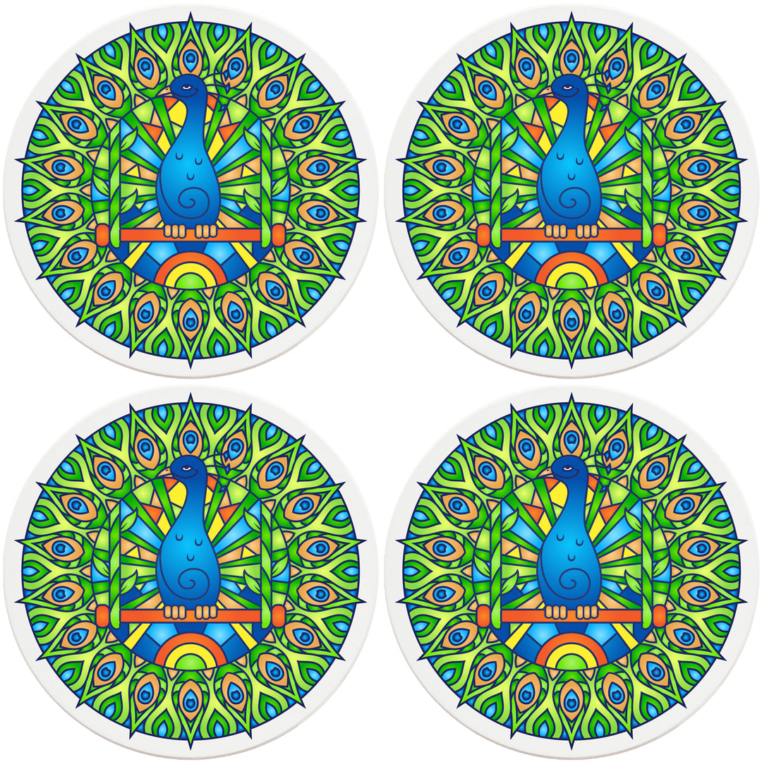 4" Round Absorbent Ceramic Designer Coasters - Mandala Peacock, Set of 4