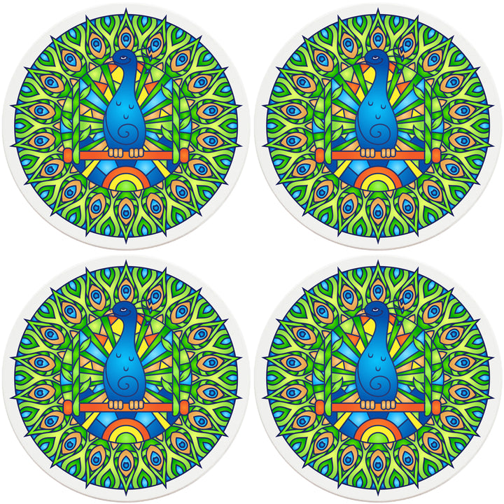 4" Round Absorbent Ceramic Designer Coasters - Mandala Peacock, Set of 4
