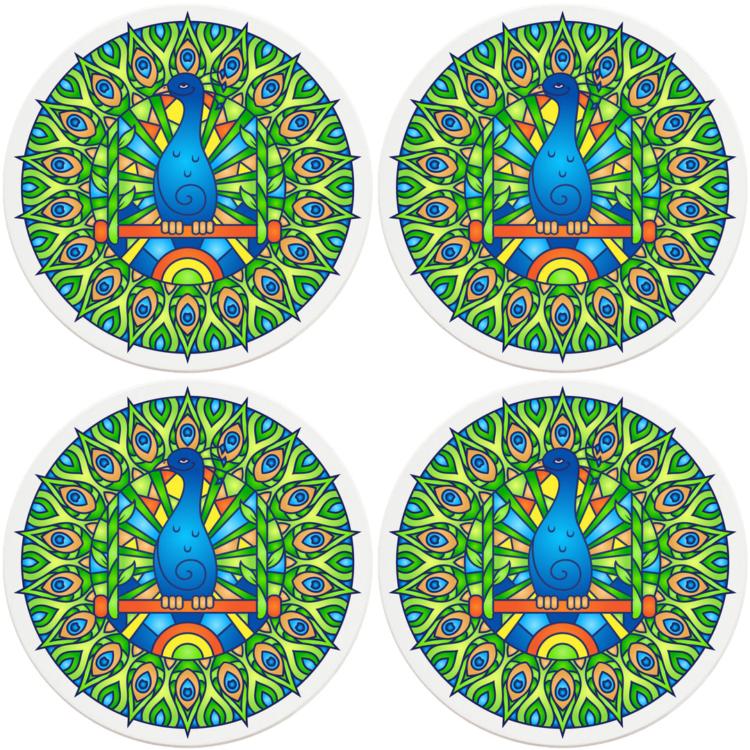 4" Round Absorbent Ceramic Designer Coasters - Mandala Peacock, Set of 4
