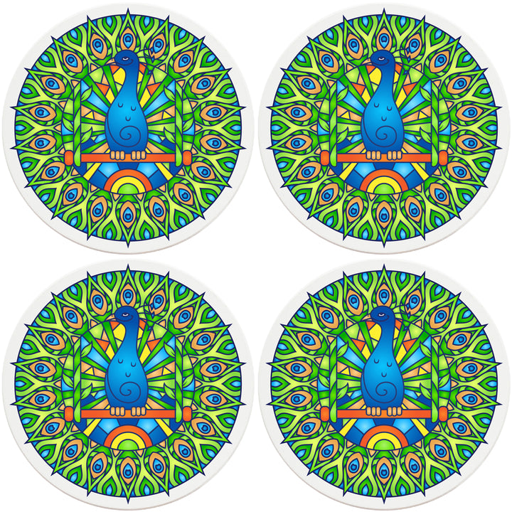 4" Round Absorbent Ceramic Designer Coasters - Mandala Peacock, Set of 4