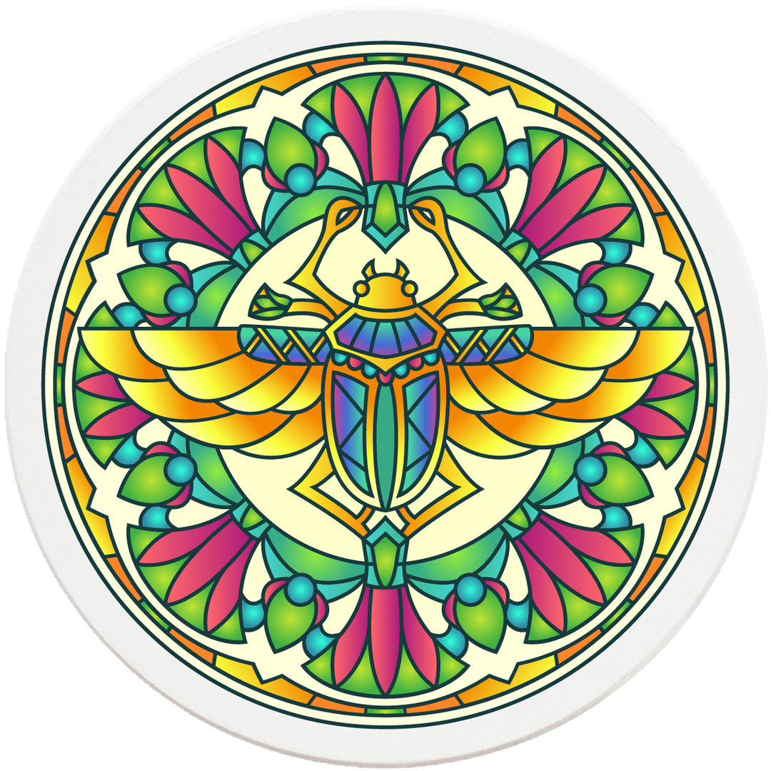 4" Round Absorbent Ceramic Designer Coasters - Mandala Scarab, Set of 4