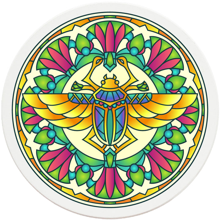 4" Round Absorbent Ceramic Designer Coasters - Mandala Scarab, Set of 4
