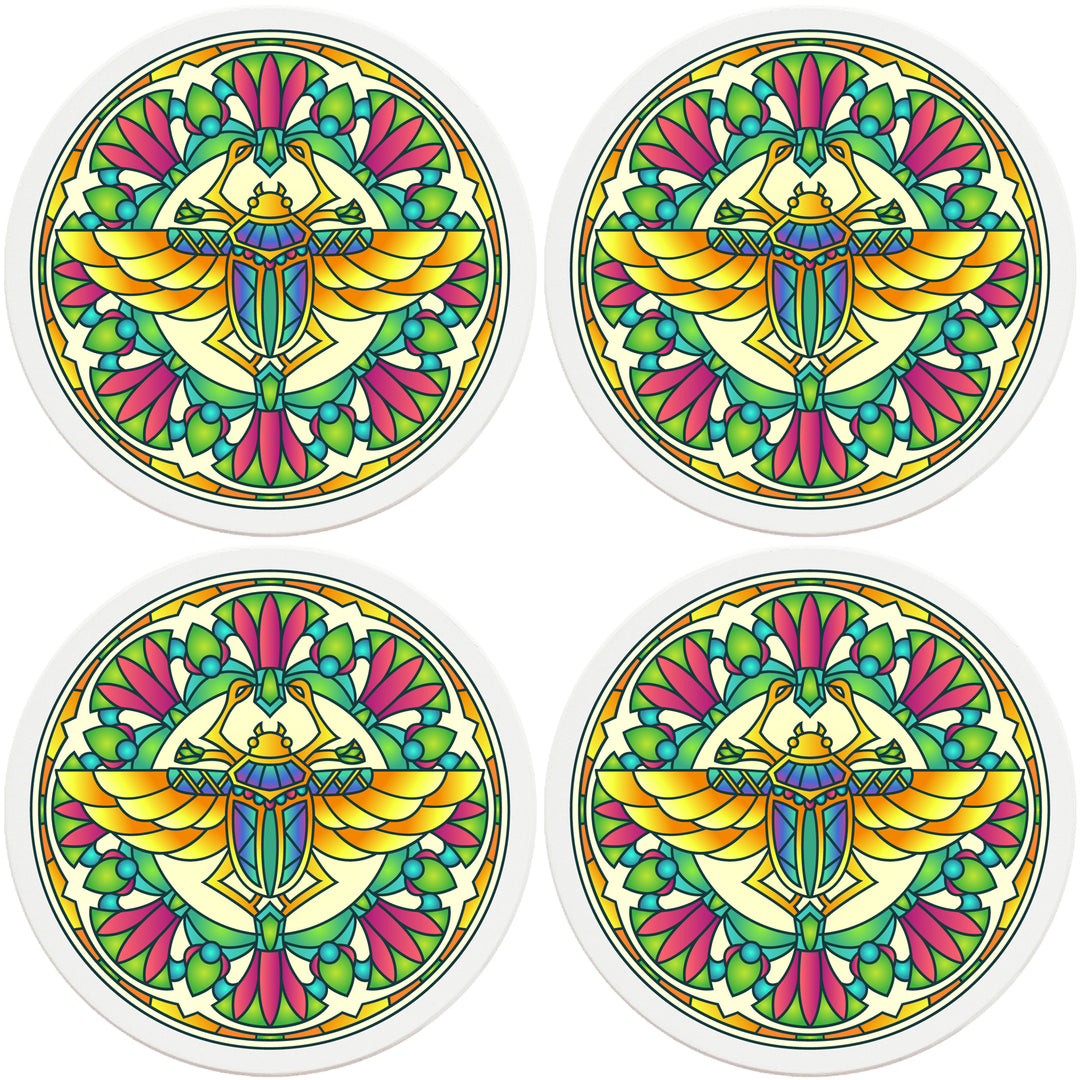 4" Round Absorbent Ceramic Designer Coasters - Mandala Scarab, Set of 4