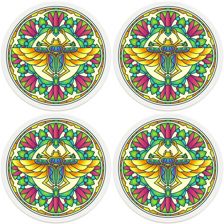 4" Round Absorbent Ceramic Designer Coasters - Mandala Scarab, Set of 4