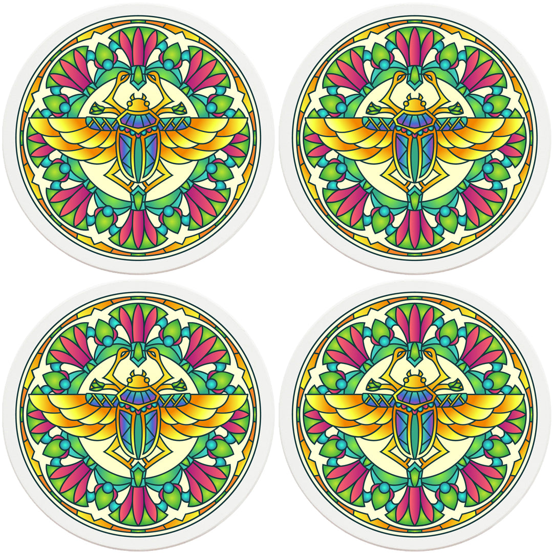 4" Round Absorbent Ceramic Designer Coasters - Mandala Scarab, Set of 4