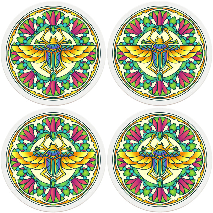 4" Round Absorbent Ceramic Designer Coasters - Mandala Scarab, Set of 4