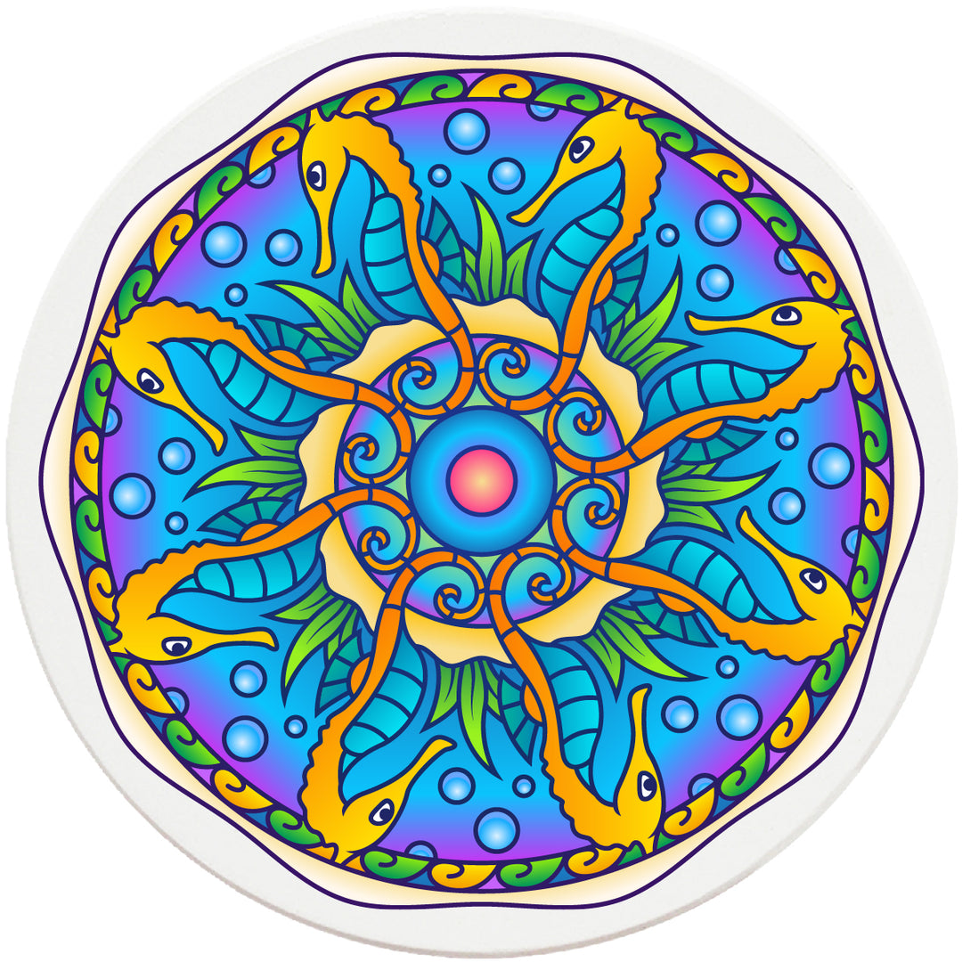 4" Round Absorbent Ceramic Designer Coasters - Mandala Seahorse, Set of 4