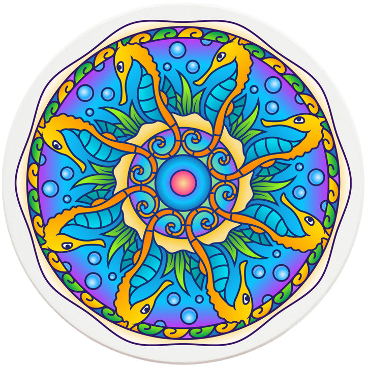 4" Round Absorbent Ceramic Designer Coasters - Mandala Seahorse, Set of 4