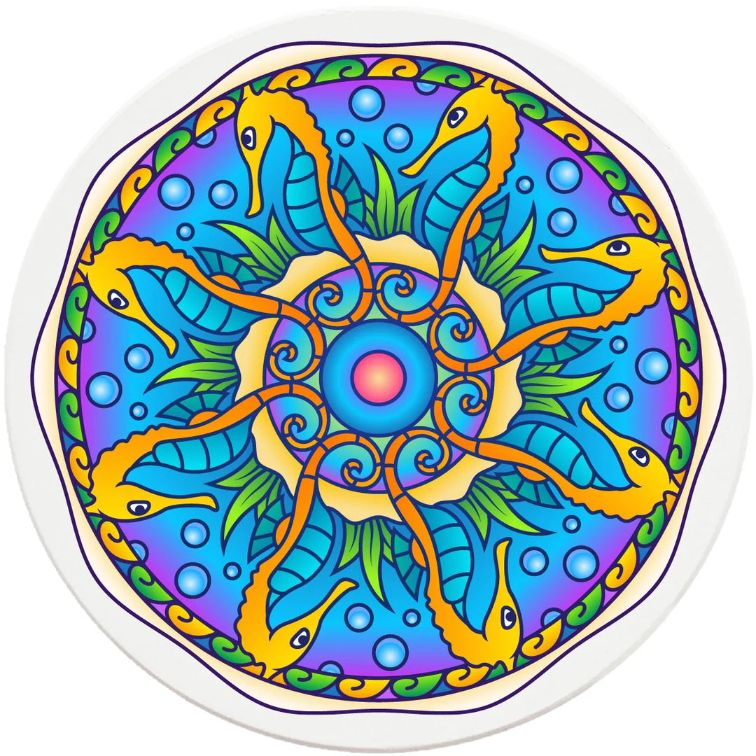 4" Round Ceramic Coasters - Mandala Seahorse, 4/Box, 2/Case, 8 Pieces - Christmas by Krebs Wholesale