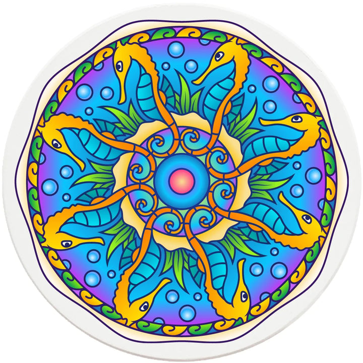 4" Round Ceramic Coasters - Mandala Seahorse, 4/Box, 2/Case, 8 Pieces - Christmas by Krebs Wholesale