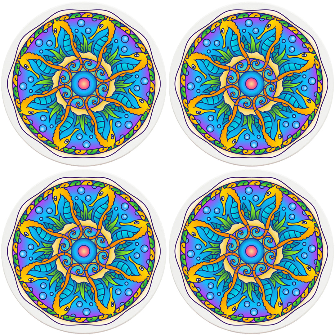 4" Round Absorbent Ceramic Designer Coasters - Mandala Seahorse, Set of 4