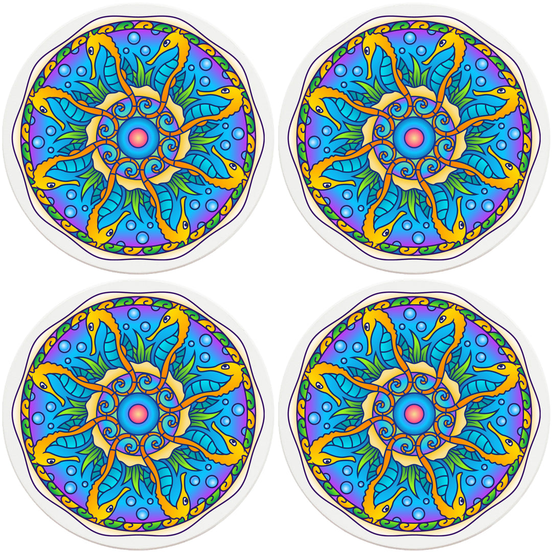 4" Round Absorbent Ceramic Designer Coasters - Mandala Seahorse, Set of 4