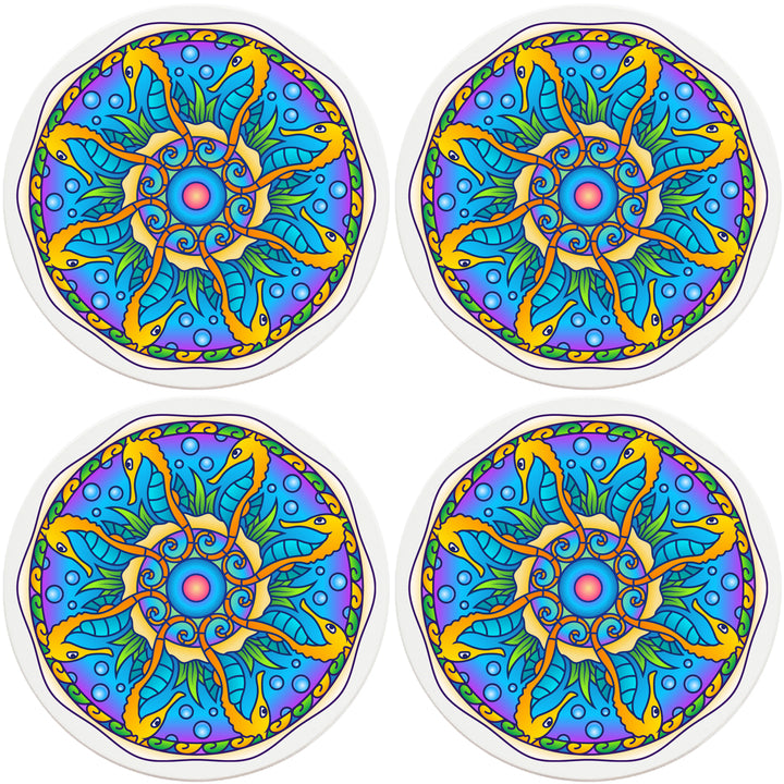 4" Round Absorbent Ceramic Designer Coasters - Mandala Seahorse, Set of 4
