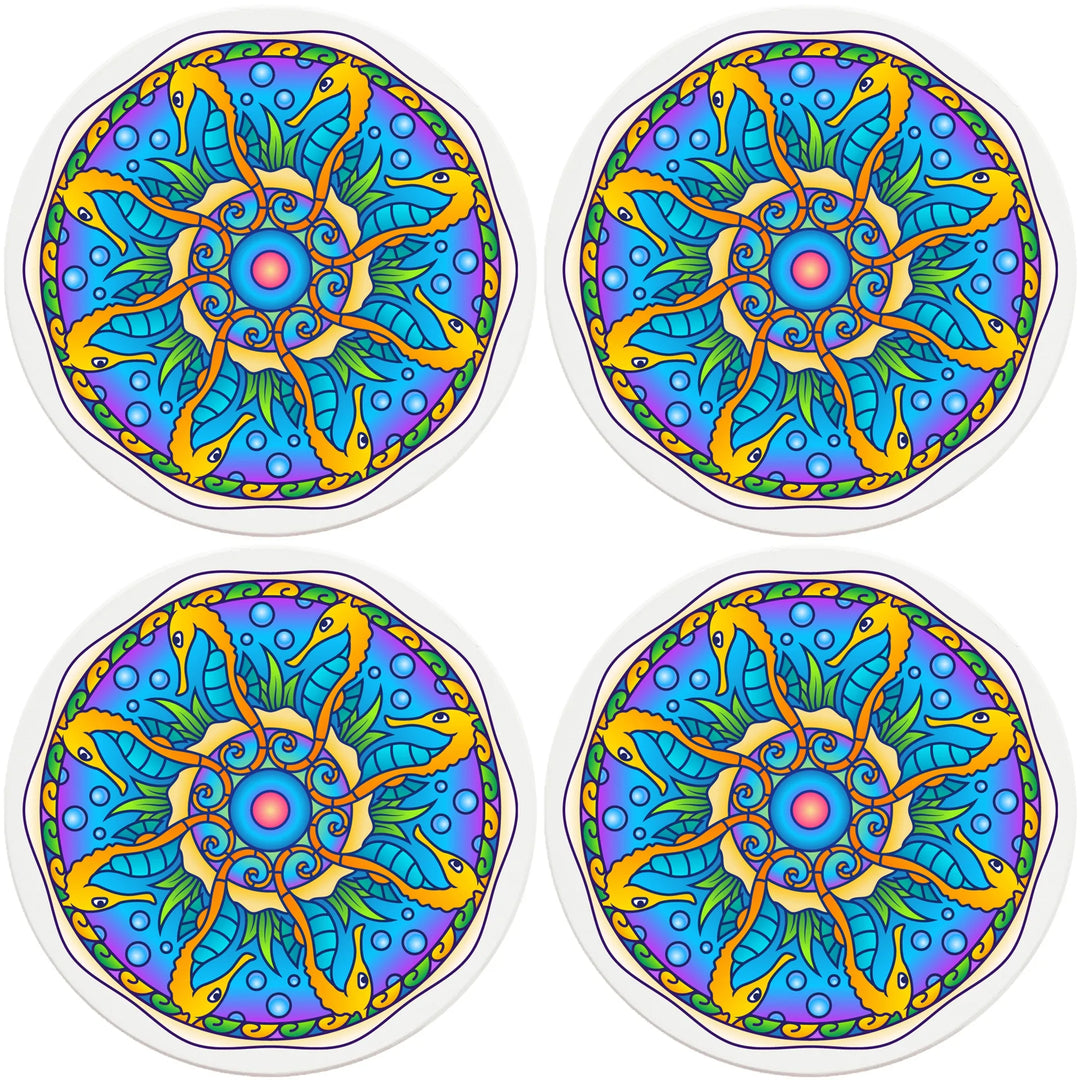 4" Round Ceramic Coasters - Mandala Seahorse, 4/Box, 2/Case, 8 Pieces - Christmas by Krebs Wholesale