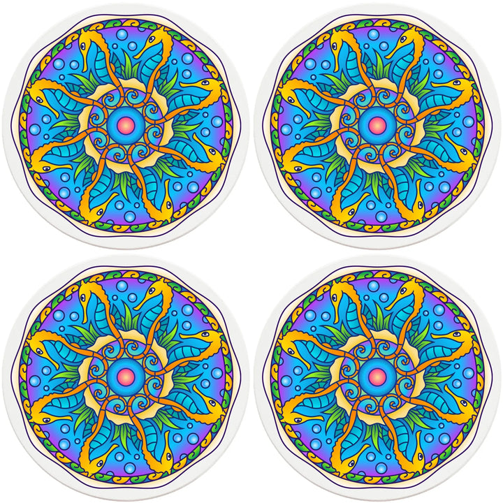 4" Round Ceramic Coasters - Mandala Seahorse, 4/Box, 2/Case, 8 Pieces - Christmas by Krebs Wholesale