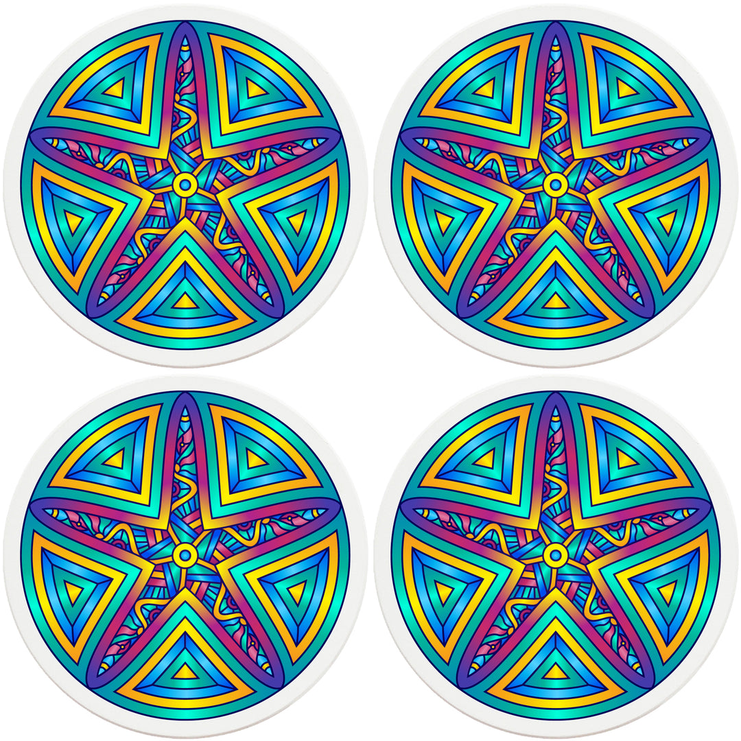 4" Round Absorbent Ceramic Designer Coasters - Mandala Starfish, Set of 4