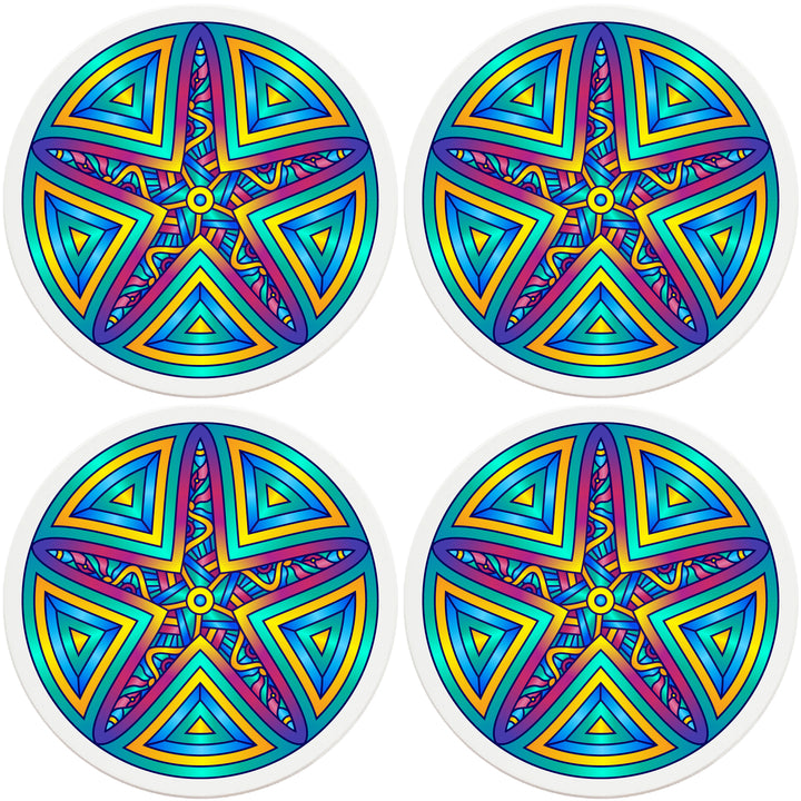 4" Round Absorbent Ceramic Designer Coasters - Mandala Starfish, Set of 4
