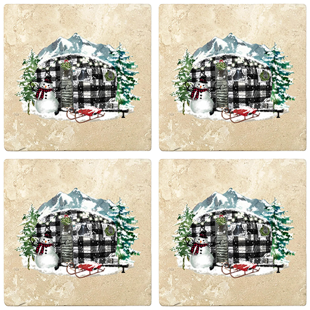 4" Christmas Holiday Travertine Coasters - Plaid Camper, 2 Sets of 4, 8 Pieces - Christmas by Krebs Wholesale