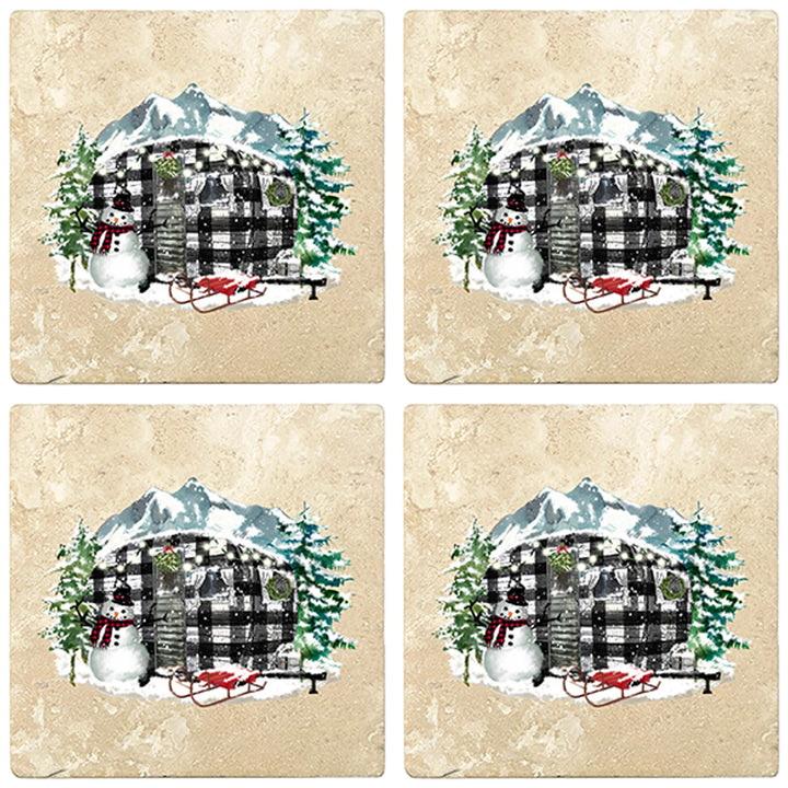 4" Christmas Holiday Travertine Coasters - Plaid Camper, 2 Sets of 4, 8 Pieces - Christmas by Krebs Wholesale