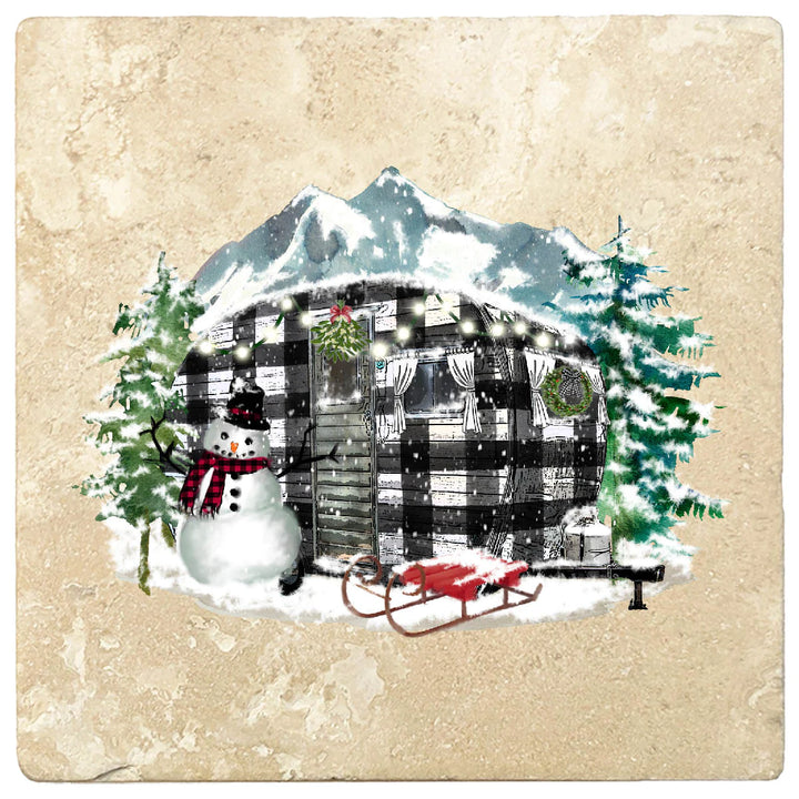 4" Christmas Holiday Travertine Coasters - Plaid Camper, 2 Sets of 4, 8 Pieces - Christmas by Krebs Wholesale