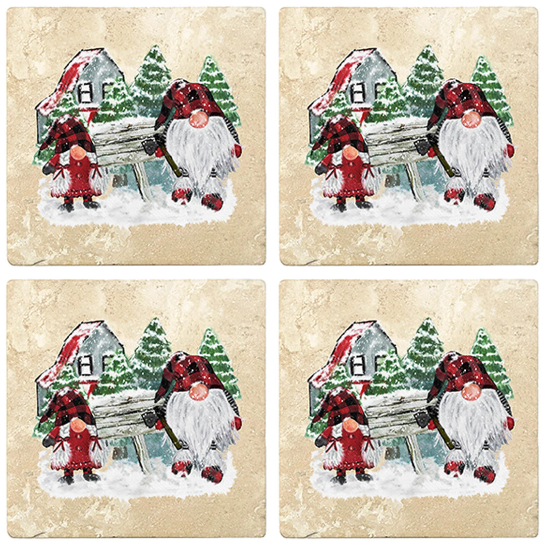 4" Christmas Holiday Travertine Coasters - Gnomes Winter Scene, 2 Sets of 4, 8 Pieces - Christmas by Krebs Wholesale