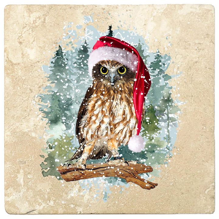 4" Christmas Holiday Travertine Coasters - Owl with Santa Hat, 2 Sets of 4, 8 Pieces - Christmas by Krebs Wholesale