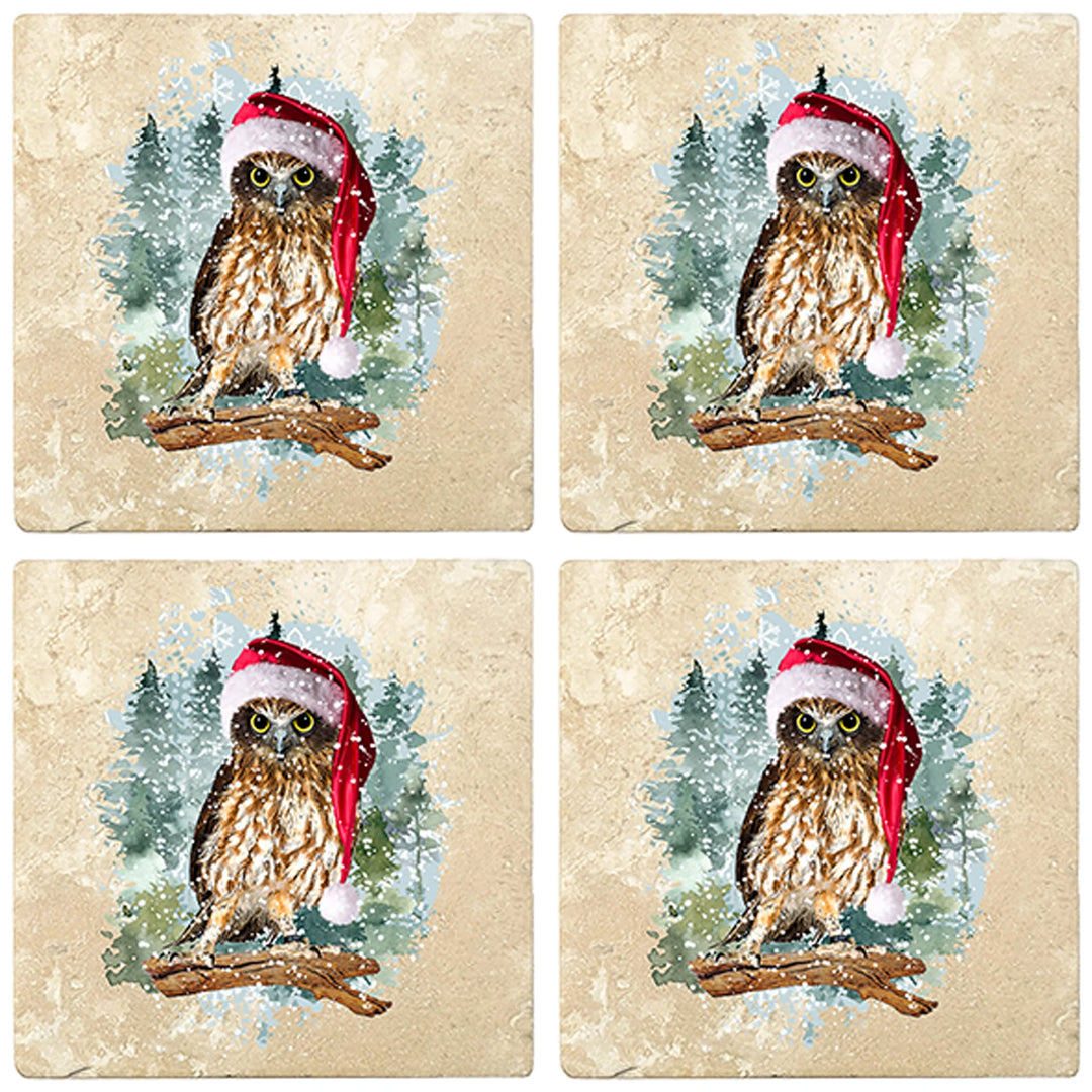 4" Christmas Holiday Travertine Coasters - Owl with Santa Hat, 2 Sets of 4, 8 Pieces - Christmas by Krebs Wholesale
