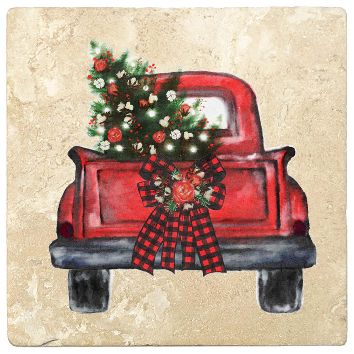 4" Christmas Holiday Travertine Coasters - Back of Red Truck with Wreath and Christmas Tree, 2 Sets of 4, 8 Pieces - Christmas by Krebs Wholesale
