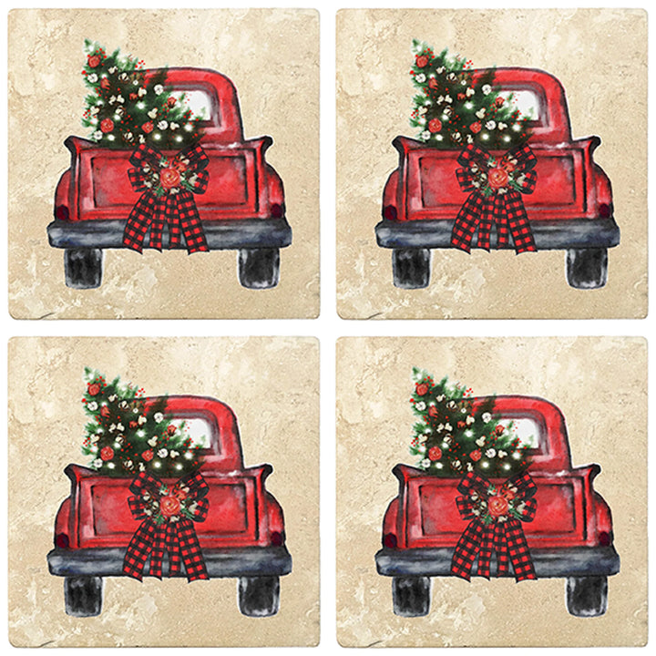 4" Christmas Holiday Travertine Coasters - Back of Red Truck with Wreath and Christmas Tree, 2 Sets of 4, 8 Pieces - Christmas by Krebs Wholesale