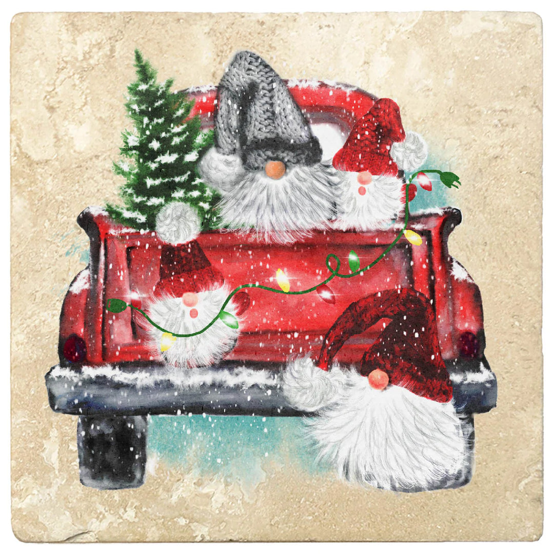 4" Christmas Holiday Travertine Coasters - Back of Red Truck with Gnomes, 2 Sets of 4, 8 Pieces - Christmas by Krebs Wholesale
