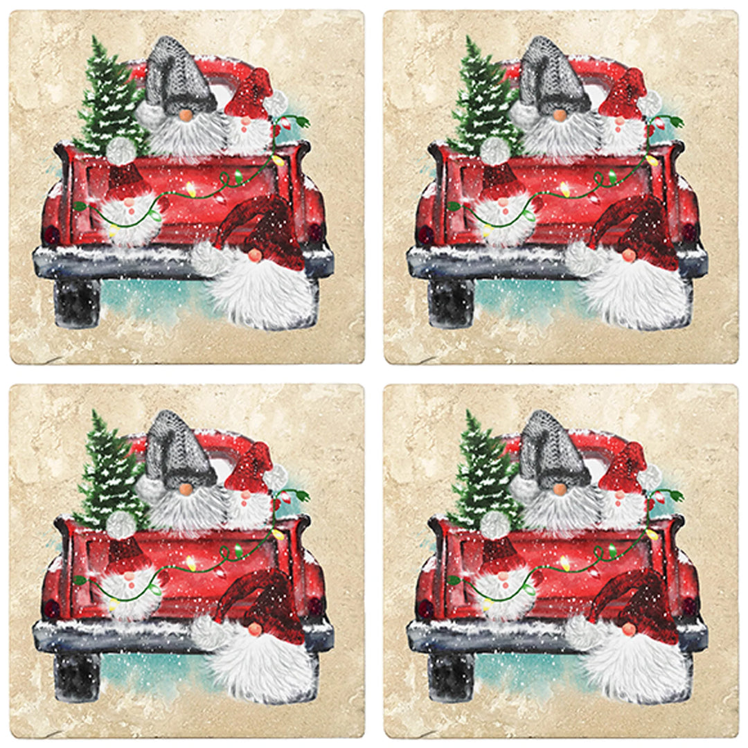 4" Christmas Holiday Travertine Coasters - Back of Red Truck with Gnomes, 2 Sets of 4, 8 Pieces - Christmas by Krebs Wholesale