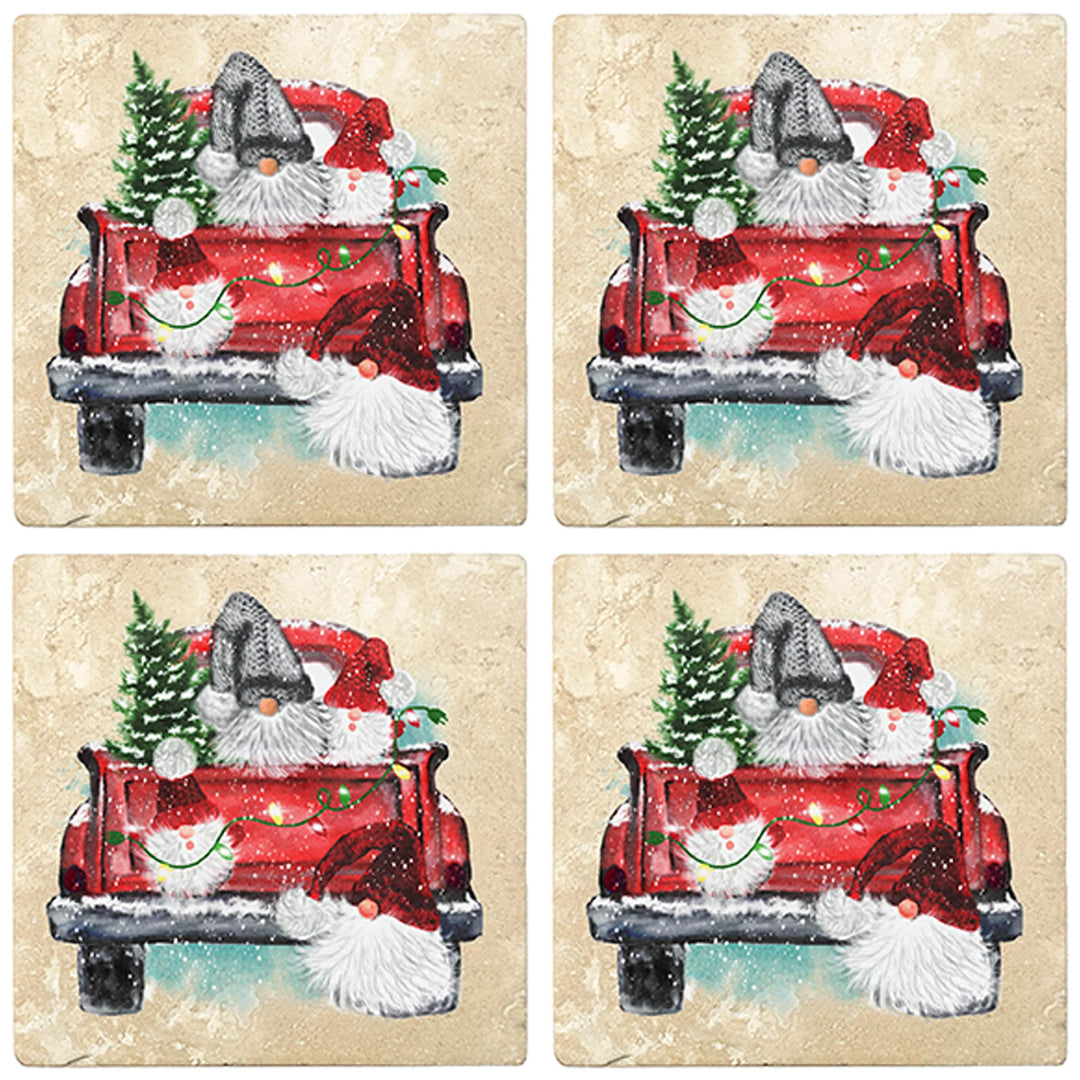 4" Christmas Holiday Travertine Coasters - Back of Red Truck with Gnomes, 2 Sets of 4, 8 Pieces - Christmas by Krebs Wholesale