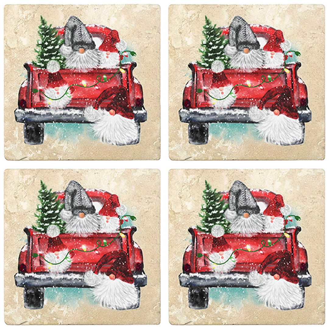 4 Christmas Holiday Travertine Coasters - Back of Red Truck with Gnom –  Christmas by Krebs