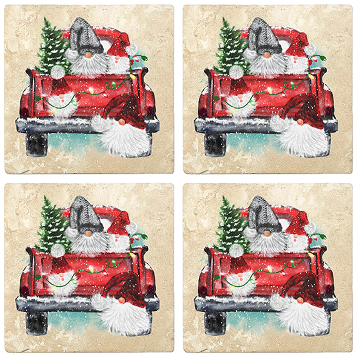 4" Christmas Holiday Travertine Coasters - Back of Red Truck with Gnomes, 2 Sets of 4, 8 Pieces - Christmas by Krebs Wholesale