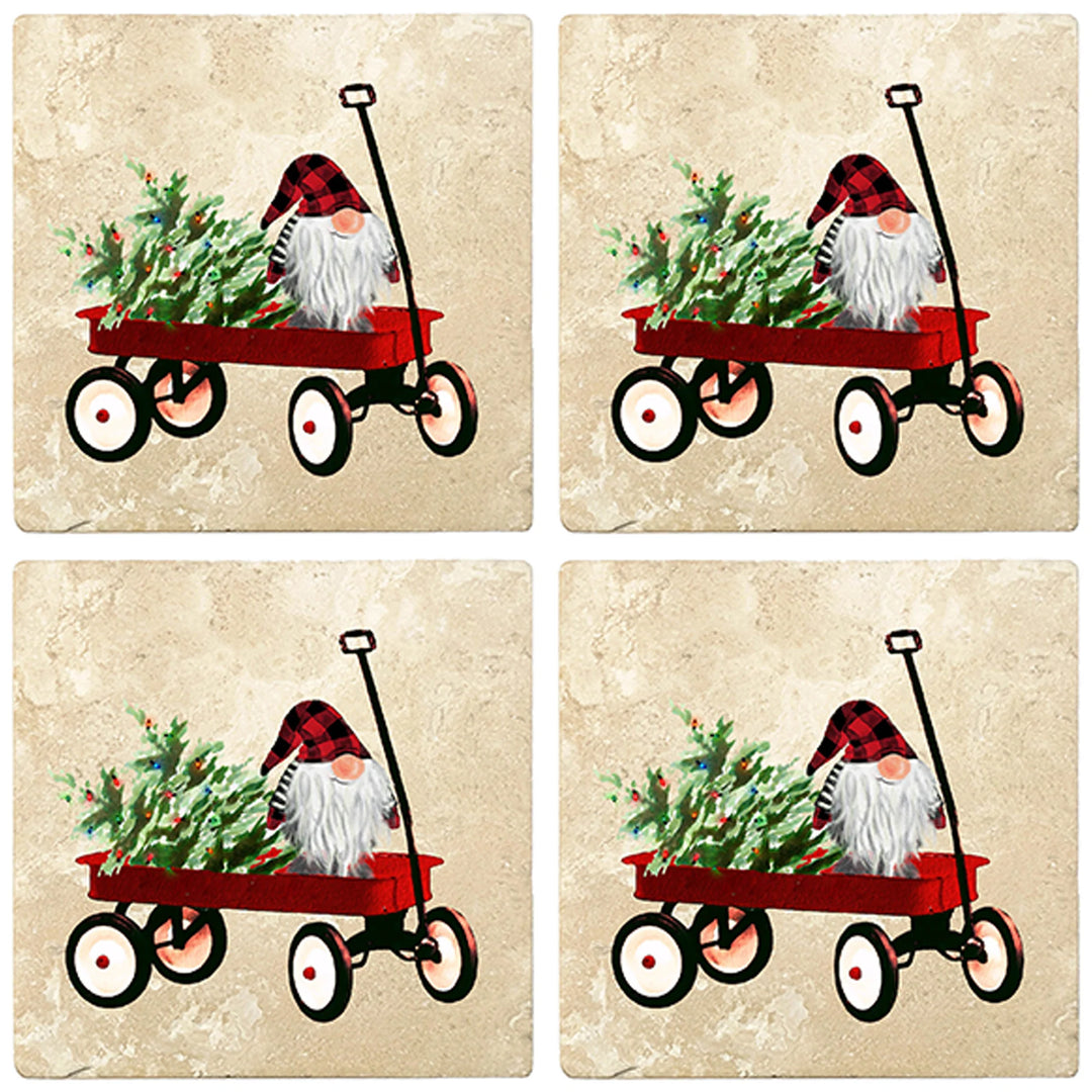 4" Christmas Holiday Travertine Coasters - Gnome in Handcart, 2 Sets of 4, 8 Pieces - Christmas by Krebs Wholesale