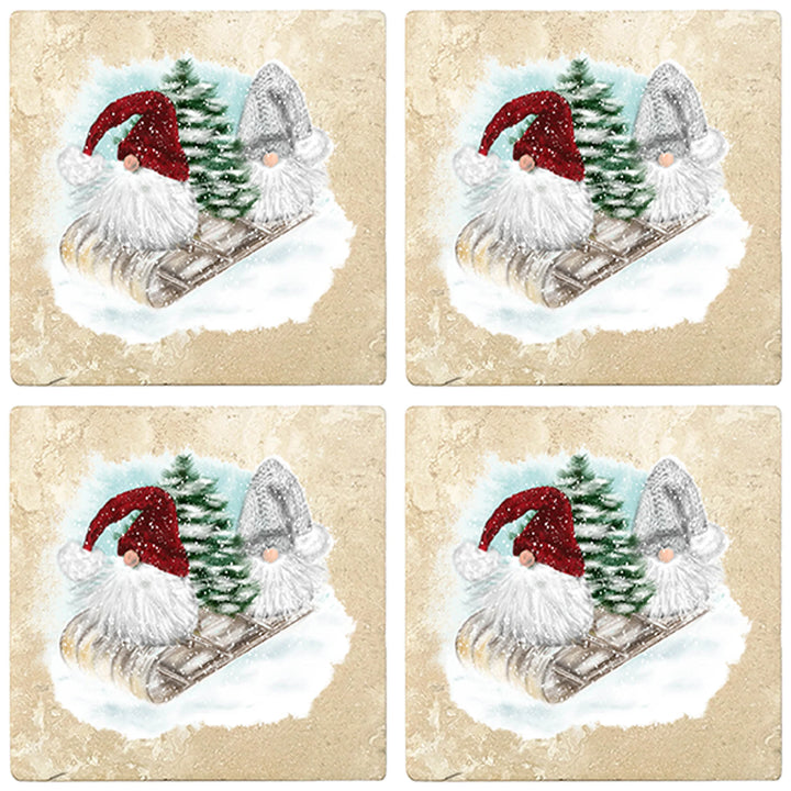 4" Christmas Holiday Travertine Coasters - Two Gnomes and Tree on Sled, 2 Sets of 4, 8 Pieces - Christmas by Krebs Wholesale