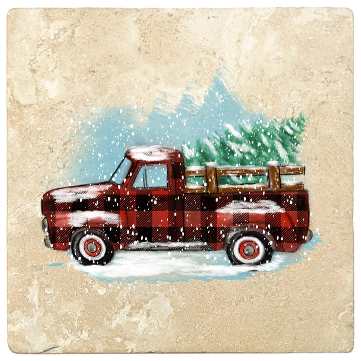4" Christmas Holiday Travertine Coasters - Vintage Red Truck - Plaid, 2 Sets of 4, 8 Pieces - Christmas by Krebs Wholesale