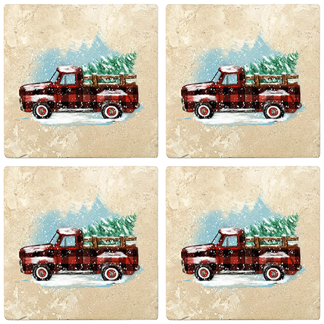 4" Christmas Holiday Travertine Coasters - Vintage Red Truck - Plaid, 2 Sets of 4, 8 Pieces - Christmas by Krebs Wholesale