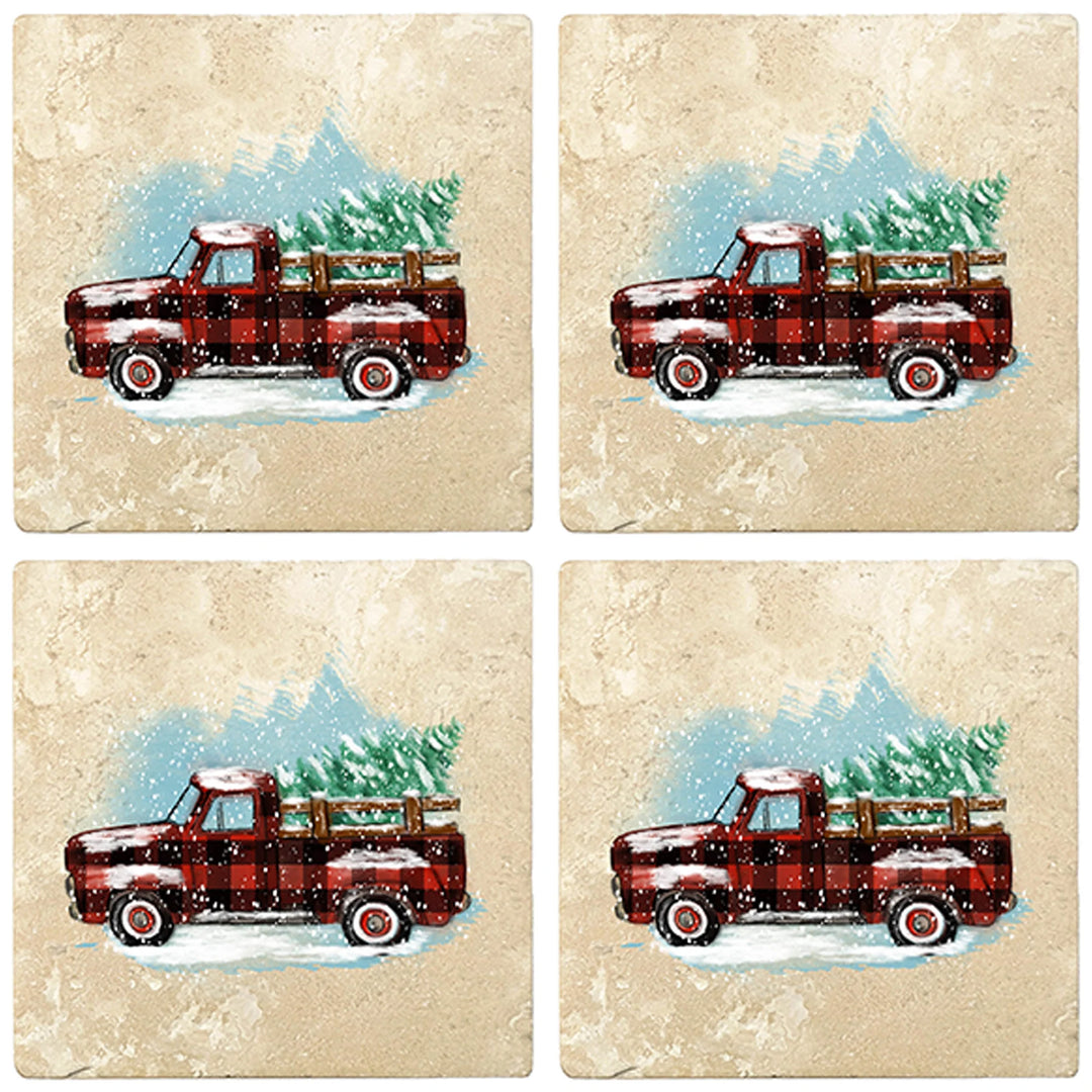 4" Christmas Holiday Travertine Coasters - Vintage Red Truck - Plaid, 2 Sets of 4, 8 Pieces - Christmas by Krebs Wholesale