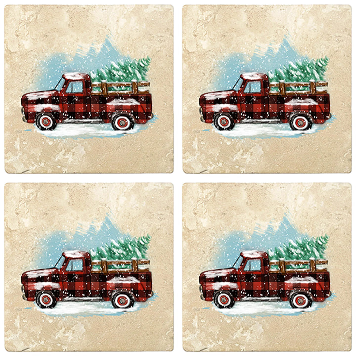 4" Christmas Holiday Travertine Coasters - Vintage Red Truck - Plaid, 2 Sets of 4, 8 Pieces - Christmas by Krebs Wholesale