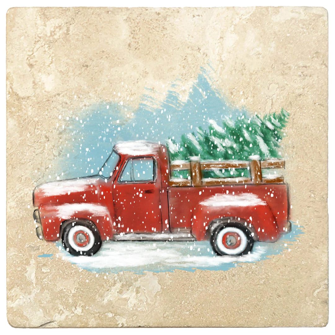 4" Christmas Holiday Travertine Coasters - Vintage Red Truck, 2 Sets of 4, 8 Pieces - Christmas by Krebs Wholesale