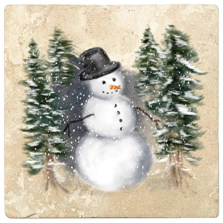 4" Christmas Holiday Travertine Coasters - Snowman in Woods, 2 Sets of 4, 8 Pieces - Christmas by Krebs Wholesale