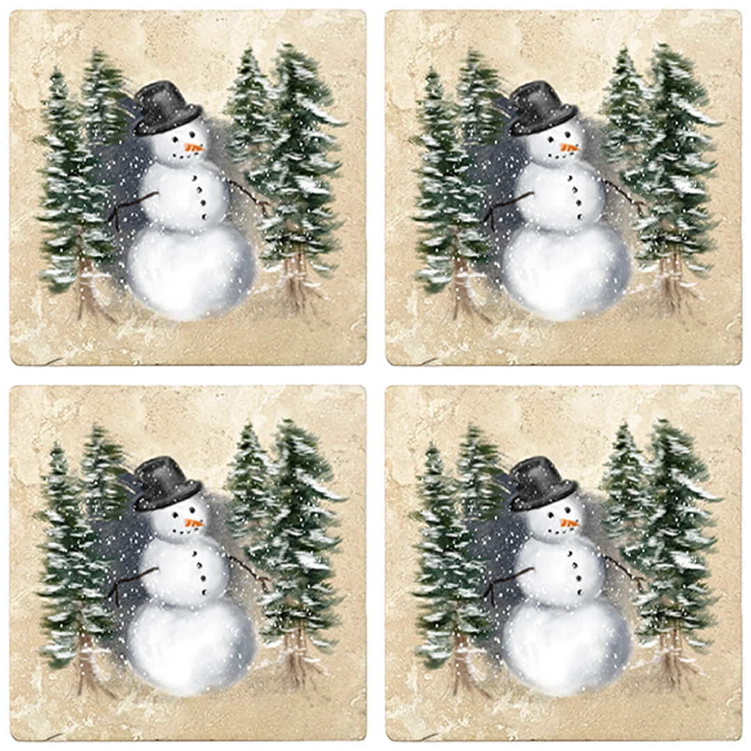 4" Christmas Holiday Travertine Coasters - Snowman in Woods, 2 Sets of 4, 8 Pieces - Christmas by Krebs Wholesale