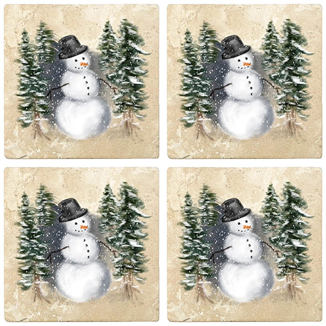 4" Christmas Holiday Travertine Coasters - Snowman in Woods, 2 Sets of 4, 8 Pieces - Christmas by Krebs Wholesale